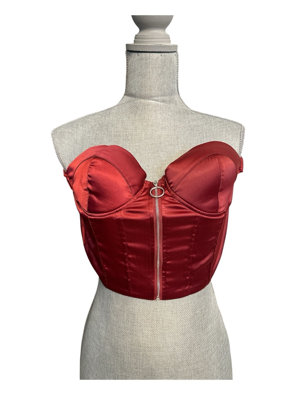 Satin Red Strapless Bustier Bandeau with Front Zip
